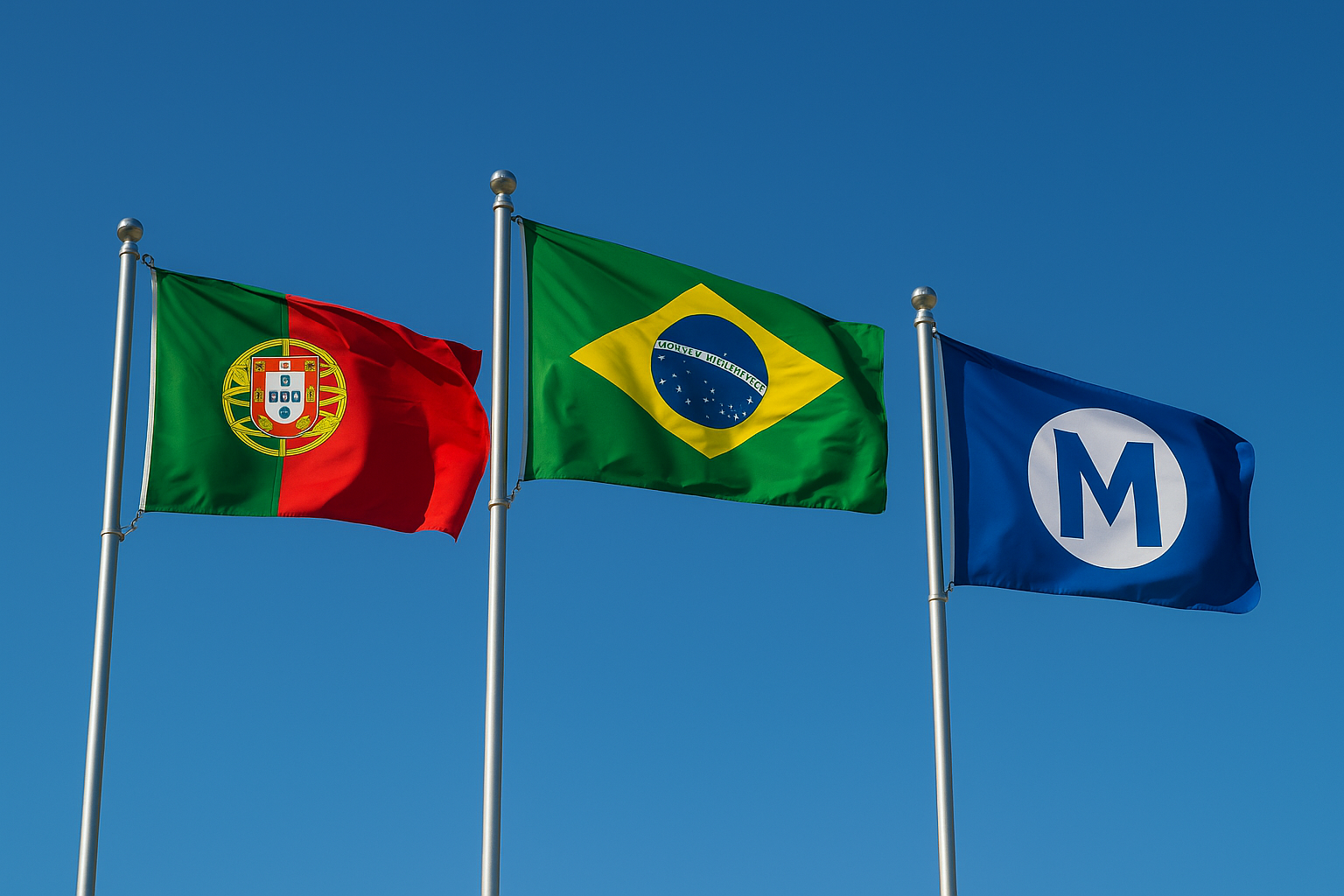 Presença internacional: Brasil, Portugal e a bandeira do Grupo Método lado a lado.