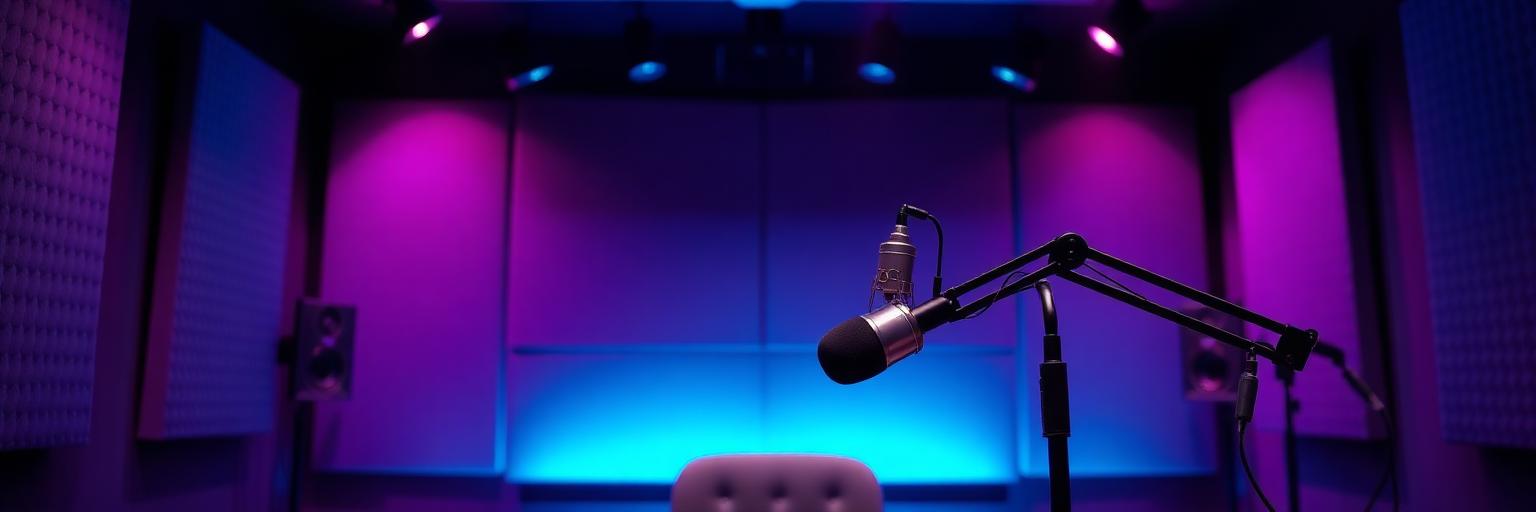 Estúdio de podcast com microfone e luz cênica